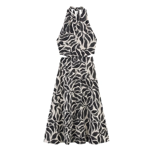 Women Halter Neck Backless Midi Dress Abstract Leaf Print Cutout Waist A-Line Summer Vacation Party Long Dress