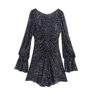 Women V Neck Long Flare Sleeve Polka Dot Mini Dress Ruched Waist Chiffon A-Line Short Dress Spring Elegant Party Wear