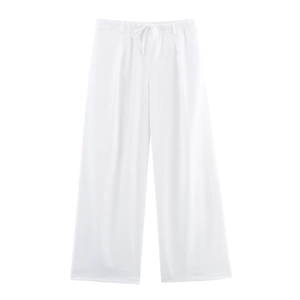 Pantalon large blanc décontracté pour femme avec taille élastique et cordon de serrage