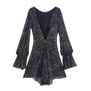 Short V-neck polka dot mini dress with long lantern sleeves and ruffled cuffs