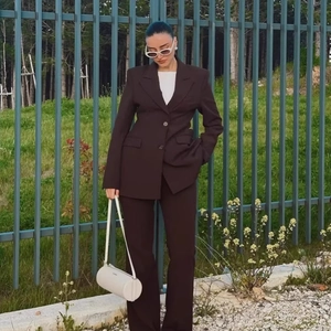 Chic dark brown two-piece business suit set for women featuring blazer and trousers