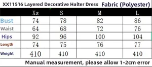 Detailed size chart for tiered halter dress with bust, waist, and hip measurements