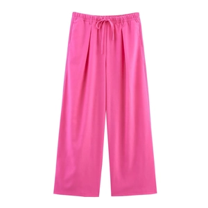 Pantalon large en lin fuchsia pour femme avec taille élastique à cordon et détails plissés