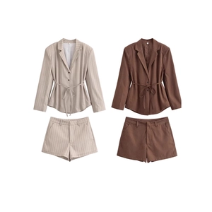 Women Fashion Casual Solid Color Stripe Lapel Tie Waist Long Sleeve Top And High Waist Shorts Office Lady Clothing