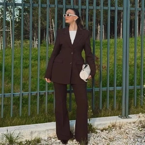 Women's dark brown slim fit blazer suit set with wide-leg trousers for a stylish outdoor look