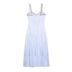 Robe midi à rayures bleues et blanches avec col en V et détails de bordures ondulées noires