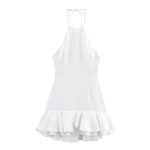 Detail of white halter neck dress featuring double-layered ruffled hem and open back