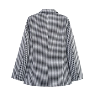 Detailed back view of a black and white houndstooth blazer with a classic H-line cut