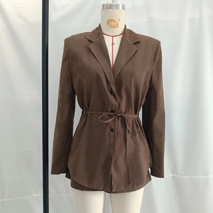 Brown faux suede belted blazer jacket with notched lapel and three black buttons