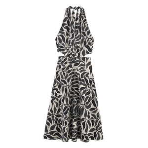 Linen blend halter neck dress with black and white abstract leaf print and waist cut-out