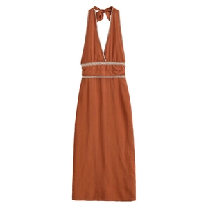 Women Halter V Neck Backless Maxi Dress Terracotta Solid Color Sleeveless A Line Long Dress With Crochet Detail Vacation