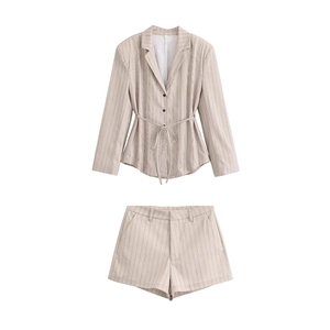Women's pinstripe two-piece set featuring belted waist top and high-rise shorts