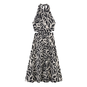 Linen blend halter neck midi dress with black and white leaf print and side cut-outs