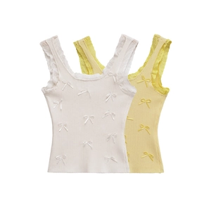 Damen Süßes Geripptes Strick-Camisole Top Mit Lochspitzenbesatz Und Schleifendetails Schlanke Passform Mercerisierte Baumwolle