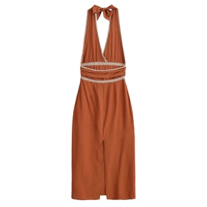 Burnt orange halter neck dress with white embroidery and V-neck tie detail