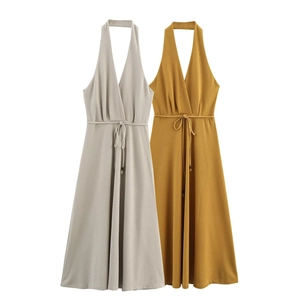 Women Halter Neck V-Neck Midi Dress Elegant Sleeveless Backless High Waist With Tie Belt Solid Color A-Line Party Dress