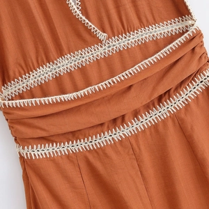 Slim fit caramel halter dress with bohemian lace crochet and pleated linen texture