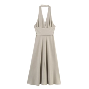 Halter neck midi dress in light beige knit fabric with waist belt and A-line silhouette