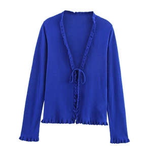Royal blue long-sleeve knit cardigan with V-neck tie closure and ruffled edges