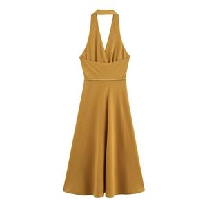 Ginger yellow halter neck V-neck midi A-line dress with waist belt for elegant women