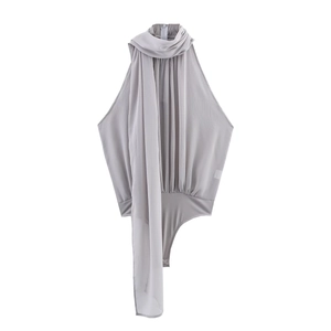Women Elegant Halter Neck Pleated Chiffon Bodysuit Sleeveless Backless Jumpsuit With Scarf Detail Grey Body Suit Top
