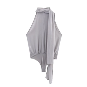 Elegant grey halter neck bodysuit for women featuring a sheer chiffon fabric and neck tie