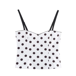 Camisole Vintage à Pois pour Femmes Bordure en Dentelle Col en V Bretelles Réglables Coupe Ajustée Haut Court en Polyester