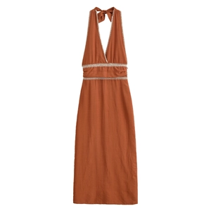 Terracotta halter maxi dress with white crochet lace trim and bow-tie neck