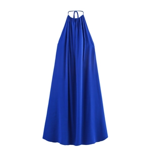 Robe Midi Dos Nu Bleu Roi Sexy Pour Femmes Plissée Silhouette Trapèze Robe De Soirée Couleur Unie Robe De Vacances Été