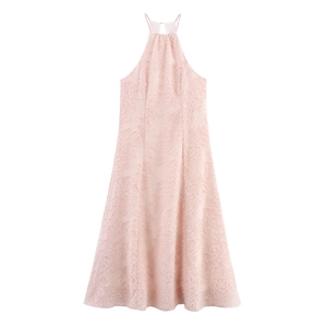 Robe Longue Sexy Dos Nu pour Femme Texture Florale 3D Franges Trapèze Dos Nu Rose Vacances Fête Robe Douce