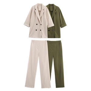 Blazer à Double Boutonnage Décontracté pour Femmes ou Pantalon Droit à Taille Élastique Costume Professionnel OL Pièces Séparées Couleur Unie