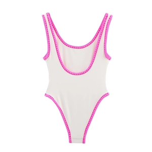 White one-piece swimsuit with pink crochet trim and deep open back for 2025 spring beachwear