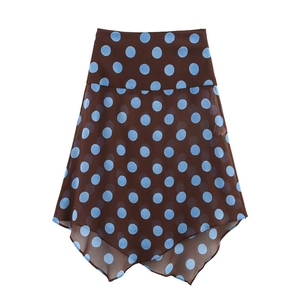 Polka dot high-waisted A-line skirt with an irregular handkerchief hem in dark brown