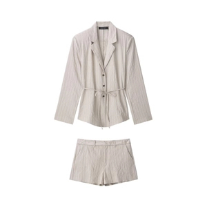 Damen Casual Gestreift Crinkle Textur Top Und Bottom Frühjahr Langarm Blazer Gürtel Top Hohe Taille Shorts