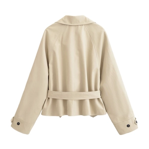 Back view of a khaki short trench coat for women with an adjustable belt and raglan sleeves
