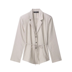 Damen Blazer-Set in Hellbeige mit Nadelstreifen-Textur, Langarm und schmalem Gürtel