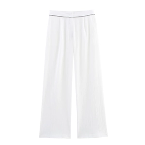 Pantalon blanc femme à taille haute et jambes larges avec texture plissée chic