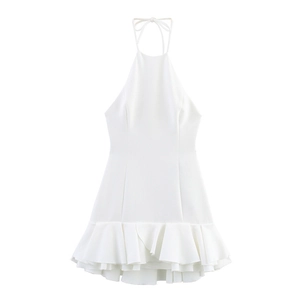 White halter neck layered ruffle dress with a slim fit for 2025 spring collection