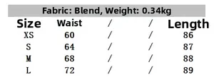 Detailed size chart for tiered print skirt listing fabric specs and weight