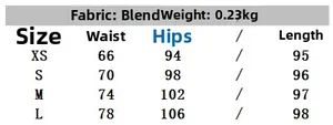 Size guide for linen blend skirt set showing waist, hip, and length for sizes XS to L