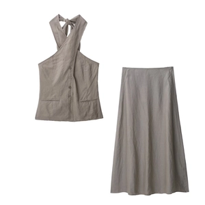 Women's Elegant Halter Vest Top and High Waist A-Line Midi Skirt Top And Bottom Polyester Solid Color Summer Outfit