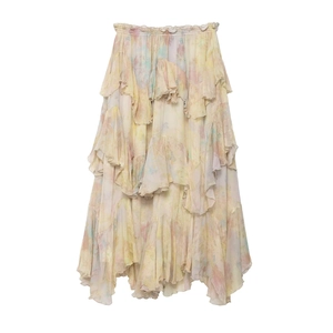 Women Bohemian Floral Tiered Ruffle Midi Skirt Elastic High Waist A-Line Chiffon Layered Cake Skirt For Casual Vacation