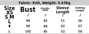 Detailed size chart for the knit cardigan including bust, shoulder, and sleeve length