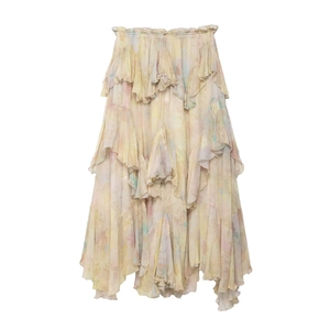 High waist tiered floral chiffon maxi skirt with multi-layer ruffles and watercolor print
