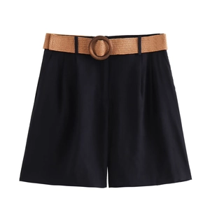 Women high waist black Bermuda shorts with brown woven belt on a plain background