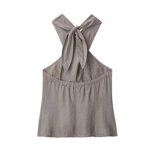 Linen blend halter neck backless top in taupe with bow-tie closure and elastic back