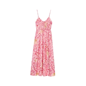 Robe Longue d'Été pour Femmes Col en V Imprimé Floral Rose Smocking Taille Haute Ligne A Vacances Plage