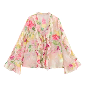 Camicetta Elegante da Donna in Chiffon con Stampa Floreale Scollo a V Volant a Strati Maniche Lunghe a Campana Rosa Top