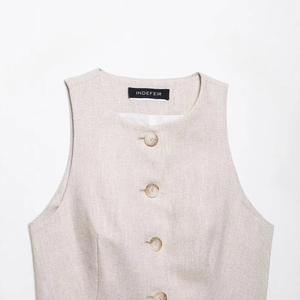 Minimalist beige button-up vest with textured knit and amber-toned buttons for women