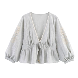 Elegant Women Long Sleeve Embroidery V Neck Lace Blouse Grey Textured Peplum Hem Top With Wood Bead Tie Boho Style Shirt